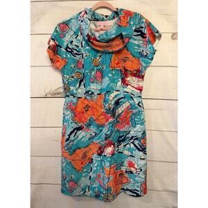 Lilly Pulitzer Size SM‎ Short Sleeve Dress Map Compass Print Cowl Neck 100% Silk